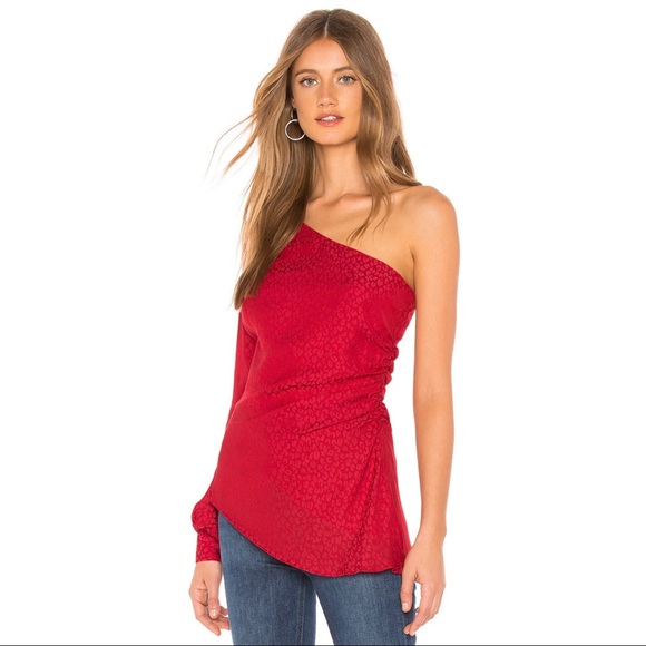 NEW L’ACADEMIE REVOLVE RED PRINTED ONE-SHOULDER BLOUSE - Picture 4 of 8